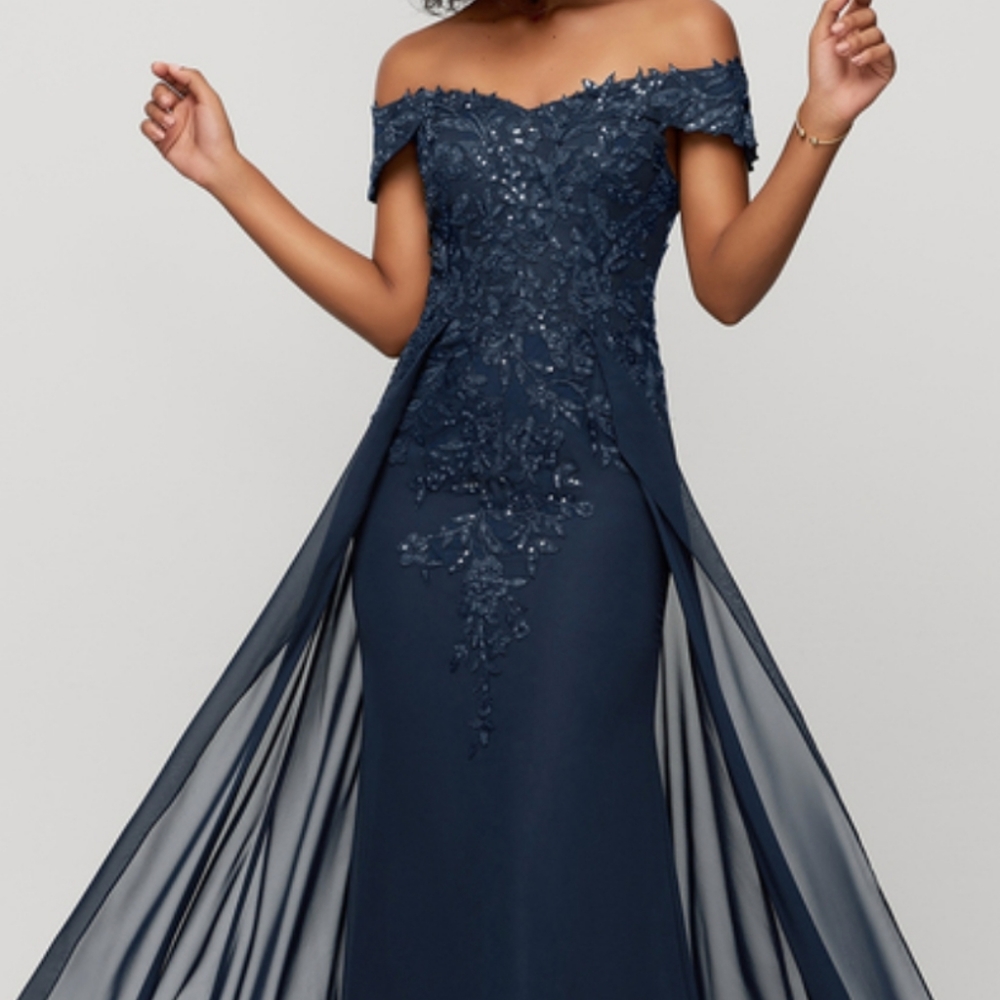 JJ'S House Off-the-Shoulder Floor-Length Chiffon Evening Dress With Seq…